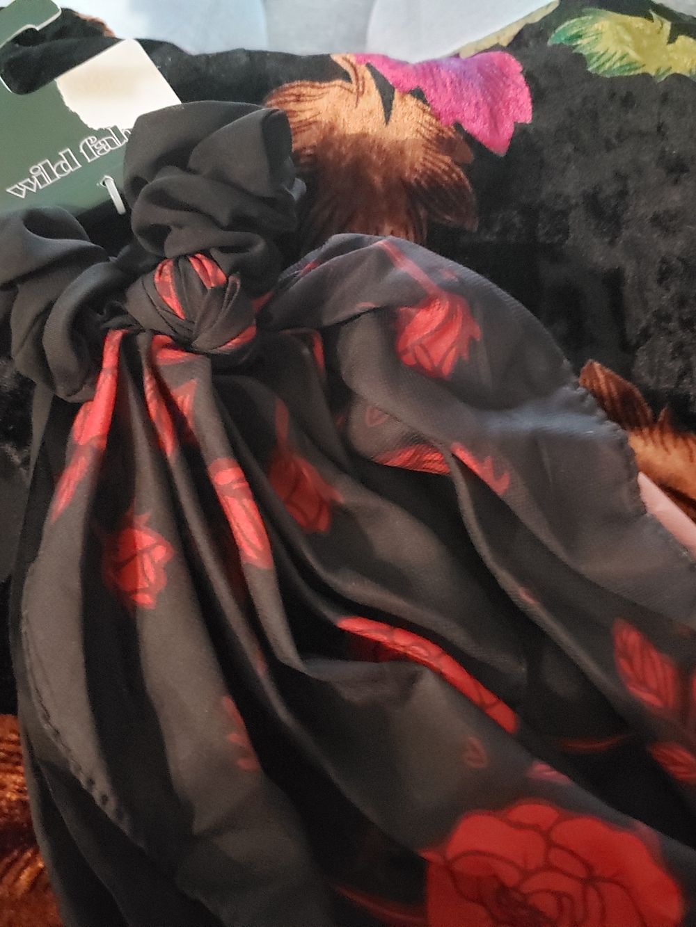 wild fable Black Scarf with Red Rose Motif